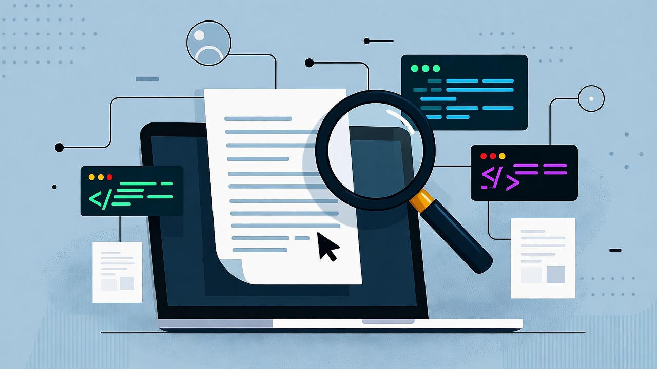 Laptop screen displaying a digital document under a magnifying glass surrounded by coding elements, data flow lines, and code snippets, representing website content optimization, SEO analysis, and technical audit of digital data or programming code.